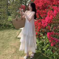 Bxoxo Lace Patchwork Camis Dress Women French Elegant Spaghetti Straps White Dress Y2K Summer Sweet Bohemia Femme A-Line Vestidos