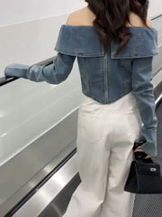 BXOXO Vintage One Line Neck Denim Shirt Women Hong Kong Style Off Shoulder Long Sleeve Blouse Sweet Spicy Slim Crop Top Women Clothing