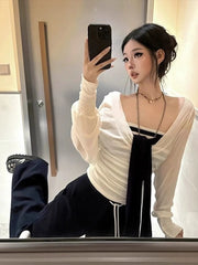 Bxoxo Korean Style Two-piece Set T Shirt Women Elegant Sweet Striped Transparent Tees Fashion Loose Streetwear White Tops