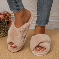 BXOXO Faux Fur Corss Band Fuzzy Slippers Women Winter Warm Plush Indoor Fluffy Shoes Woman Soft Sole Open Toe Home Cotton Slippers
