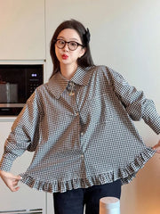 Bxoxo Vintage Black Plaid Shirt Women Loose Sweet Preppy Style Long Sleeve Blouse Fall Casual Retro Cute All Match Female Tops New