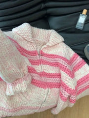 Bxoxo Lazy Wind Women Sweet Cute Cardigan Sweaters Vintage Striped Long Sleeve Loose Knitted Jacket Fall Winter Soft Warm Female Tops