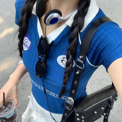 Bxoxo Vintage Letter Graphic Print V Neck Women T-Shirts Short Sleeve American Sporty Style Crop Tees Slim Streetwear Gyaru