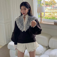 Bxoxo Autumn Lantern Sleeves Knit Sweater for Women Korean Chic V Neck Loose Thick Pullover Y2K Ladies Streetwear All Match Jumpers