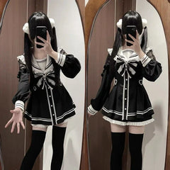 BXOXO DRESS TO IMPRESS Japanese Black Gothic Y2k Lolita Bow Dress Shorts Set Women Vintage Sweet Long Sleeve Shirt Party Dresses Slim Mini Dress 2000s