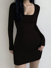 BXOXO Big Round Neck Slim Autumn and Winter Korean Version of Long Sleeve Dress Retro Bag Hip Skirt Female Temperament a Word Dress