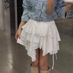 Bxoxo Asymmetrical White Mini Skirts Women Sweet Lolita Kawaii Short Skirt Japanese Style Elegant Ruffle Skirt Aesthetics