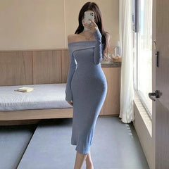 Bxoxo Sexy Slash Neck Midi Dress Women Fall Winter Streetwear Off Shoulder Club Slim Dress Y2K Fashion Long Sleeve Bottoming Vestidos