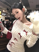 BXOXO Bow Off Shoulder White Knitted Sweater for Women 2025 Early Autumn New Bottoming Tops Mujer Y2k Long Sleeved Pullovers T Shirts