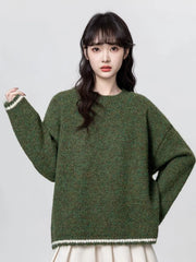 Bxoxo Cute Retro Green Sweaters Women Preppy Style Loose O Neck Long Sleeve Knitted Jumper Japan Vintage Sweet Female Simple Pullovers