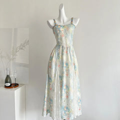 Bxoxo French Style Floral Print Summer Long Dress Sleeveless Princess Sleeve Polo Collar Regular Waistline Spring Outing Travel Clothe