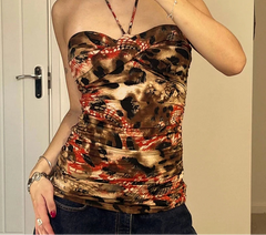 BXOXO Vintage Floral Print Backless Camis y2k Aesthetic Sleeveless Skinny Lace-up Halter Crop Top Women Summer Holiday Tee Lady
