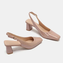BXOXO Nude Sandals Lady Patent Leather Thick Heel Baotou Spring and Summer New Small Square Head Rhinestone French Single Shoes