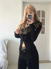 BXOXO Detachable Leopard Print Fur Collar Tops Mujer Autumn Winter New Slim Fit Sweaters Black Long Sleeve Cardigan Women