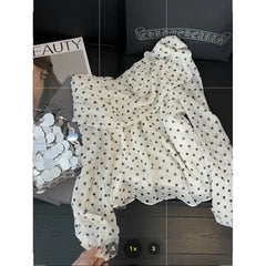 Bxoxo Vintage Polka Dot Print Shirts Women Early Spring New Long Sleeve Blouses Sweet 3D Flower Skew Collar Off Shoulder Blusas Mujer