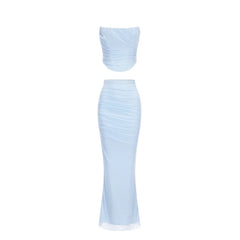 BXOXO Elegant Maxi Wedding Guest Dress Set Sexy Strapless Blue Cropped Top Set Bodycon Holiday Party Dresses Women
