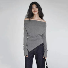 Bxoxo Sexy Slash Neck T Shirt Women Autumn Fashion Irregular Slim Long Sleeve Tops Y2K Korean Chic Folds All Match Female Tees New