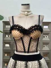 BXOXO Summer Polka Dot Tight Top Mesh Women's Elegant Underwear Y2K Fashion Sexy Set Party Evening Dresses Two Piece Set Long Skirt