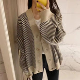 Bxoxo Women's Sweater Button Down V-Neck Striped Cardigan Knitted Tops Single Breasted Autumn Winter Casual Chic Knitwear Outfit