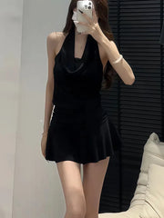 Bxoxo Elegant Halter Neck Black Mini Skirt Women Summer Fashion Lace Patchwork Slim Dress Y2K Sexy Off Shoulder Sleeveless Vestidos