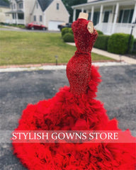 BXOXO Red Long Prom Dress For Black Girls Beaded Crystal Birthday Party Dresses Ruffles Evening Gown Mermaid High Slit Customized