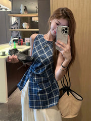 Bxoxo Vintage Slit Plaid Tanks Women Casual O Neck Sleeveless Korean Retro Tanks Summer Simple Design Female Elegant Tops New