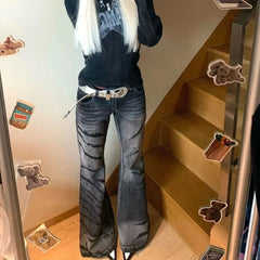 Bxoxo Y2k Washed Stripes Flared Jeans Women Harajuku Low Waist American Vintage Denim Pants Slim Gyaru Streetwear Trousers