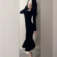 BXOXO Elegant Black Velvet Dress Women's Long Sleeve Fish Tail Simple Style European And American Fashion Autumn/Winter French Chic
