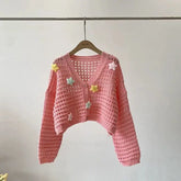 Bxoxo Sweet Star Hollow Out Knitted Cardigans Women Kawaii Y2k Pink Crop Tops Elegant Casual Cutecore Long Sleeve Cardigans