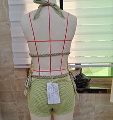 BXOXO Summer Two Piece Crochet Set for Women Tie Up Halter Open Back Split Cami Tank Top Hollow Out Shorts Beachwear