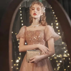 BXOXO Elegant Party Dress Square Collar Short Sleeve Slim Banquet Dresses Women Sexy Backless Evening Dress Gold Puffed Sleeve