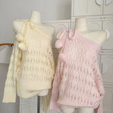 Bxoxo Sweet Sexy Hollow Out Knitted Pullover Women Off Shoulder Japanese Style Elegant Sweater Kawaii Lolita Lace Up Jumpers