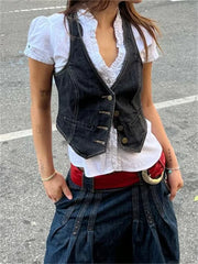 BXOXO Women Y2K Aesthetic Denim Vest Coat Sleeveless V Neck Button Down Crop Top Summer 2000s Gothic Grunge Kawaii Tank Top Streetwear