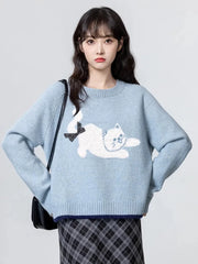 Bxoxo Cartoon Cat Print Kawaii Sweaters Women Sweet Bow Long Sleeve Cute Knitted Jumper Vintage Japan O Neck Casual Loose Pullovers