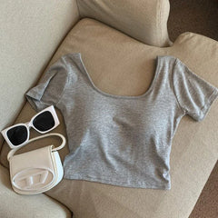 Bxoxo Cotton Square Neck T-Shirt Women Summer Solid Korean Casual Slim Crop Tops Female Fashion Streetwear Simple Basic All-Match Tees