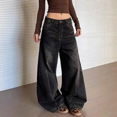 Bxoxo Vintage Washed Black Women's Jeans Wide Leg American Style High Waist Baggy Denim Pants Casual Straight Trousers New