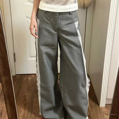 Bxoxo Y2k Gray Lace Women Suit Pants Vintage Harajuku Patchwork Wide Leg Korean Fashion Baggy Trousers Elegant Casual Sweet