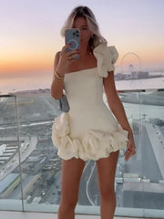 BXOXO Elegant White Mini Dresses 3D Flower Luxury One Shoulder Sleeveless Pleated Cocktail Party Evening Bodycon Dress Female