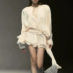 BXOXO Minimalist Solid Loose Short Dresses For Women Round Neck Long Sleeve High Waist Spliced Lace Up Chic Dress Female Fashion