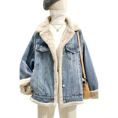 Bxoxo Jean Jacket Korean Winter Both Side Wear Thick Warm Lamb Velvet Denim Coat Single Breasted Buttons Patchwork Plush Outwear T470