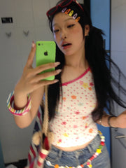 Bxoxo Y2k Japanese Tank Tops Women Patchwork Sleeveless Print Floral Tops Off Shoulder Camis Tops Irregular Summer T-shirts