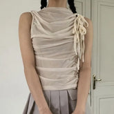 BXOXO Y2k Grunge Tops Women Hollow Out Sleeveless Mesh Tops Streetwear Vintage Retro Tank Tops Lace Up 2000s Japanese Vest