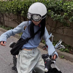 BXOXO Korean Fashion Blue Hoodie Sweatshirt 2025 Autumn Slim Fit Hollow Out Tops Women Y2k E-Girl Long Sleeve Casual Sweatshirts