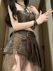 Bxoxo Cool Design Neck Sleeveless Top High Waist Irregular Splicing Lace Retro Suit Tide Pure Desire Wind Spice Girls Women's Clothing