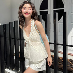 Bxoxo Lace Trim V-Neck Sexy Backless Ruffle Solid Halter Tank Top Y2K Summer Fashion Sweet Cute Daily Outdoor All-Match Camis