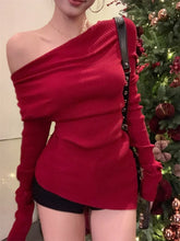 BXOXO Retro Red Knitted Sweater for Women Sexy Slash Neck Slim Fashion Knitted Tops Sweet and Spicy Off Shoulder Pullover Sueter Mujer