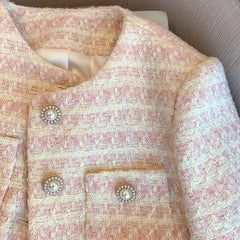 Bxoxo Vintage Tweed Women Coats Korean Elegant Hepburn Style O Neck Jacket Y2K Autumn Office Lady Pearl Button All Match Crop Outwear