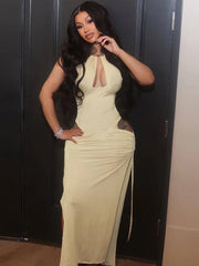 BXOXO Hollow Thin Sexy Women Dress Y2K Side Shirring Hollow Sleeveless Bandage Summer Trend Waistless Clubwear Maxi Bodycon