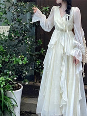 Bxoxo French Fairycon Ruffles Dresses For Women's 2025 New Summer Fashion V-Neck White Long Puff Sleeve Dress Holiday Beach Vestiods