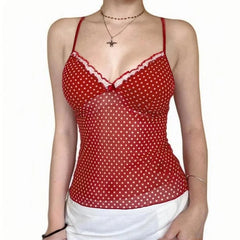 Bxoxo y2k Crop Top Women Summer Polka Dot Print Ruffle Trim Spaghetti Strap Sleeveless Camisole Vest 2000s Clothes Streetwear